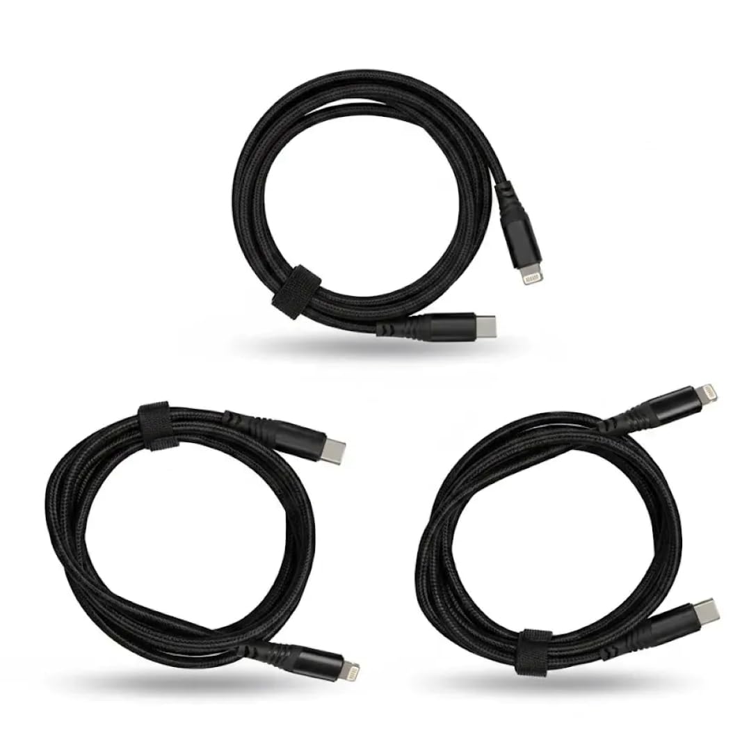 USB-C to 8-Pin Connector Cable, 3-Pack, 1m/3ft, Fast Charging, Nylon Braided, Black, Compatible with iPhone 14 13 12 11 Pro Max XR, iPad Air