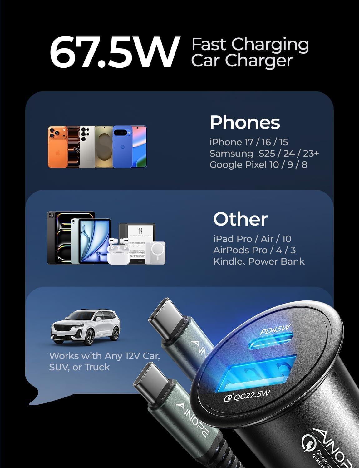 67.5W Car Charger USB C Fast Charge, PD 45W USB C Car Charger Fast Charging【Mini & Metal】 Cigarette Lighter Adapter USB-C Type C Car Charger for Iphone 17 16 15 Pro Max, for Samsung S26 S25