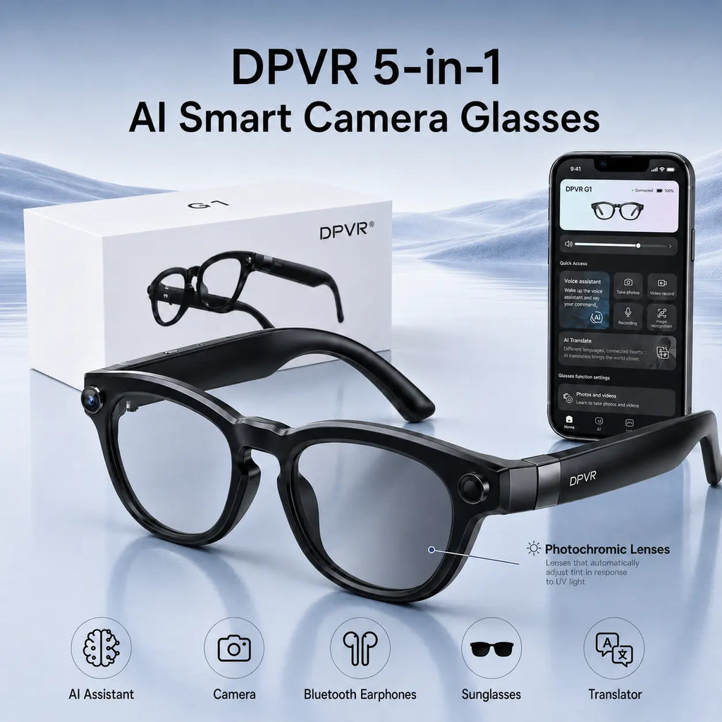 DPVR G1 Smart AI Glasses - Wearable Smart Glasses with 141-Language Translation, Smart Image Recognition, 1080P Offline Video Recording for Everyday Moments, Photochromic Lenses, Never Miss a Great Moment Again Camera BT, Ideal Father