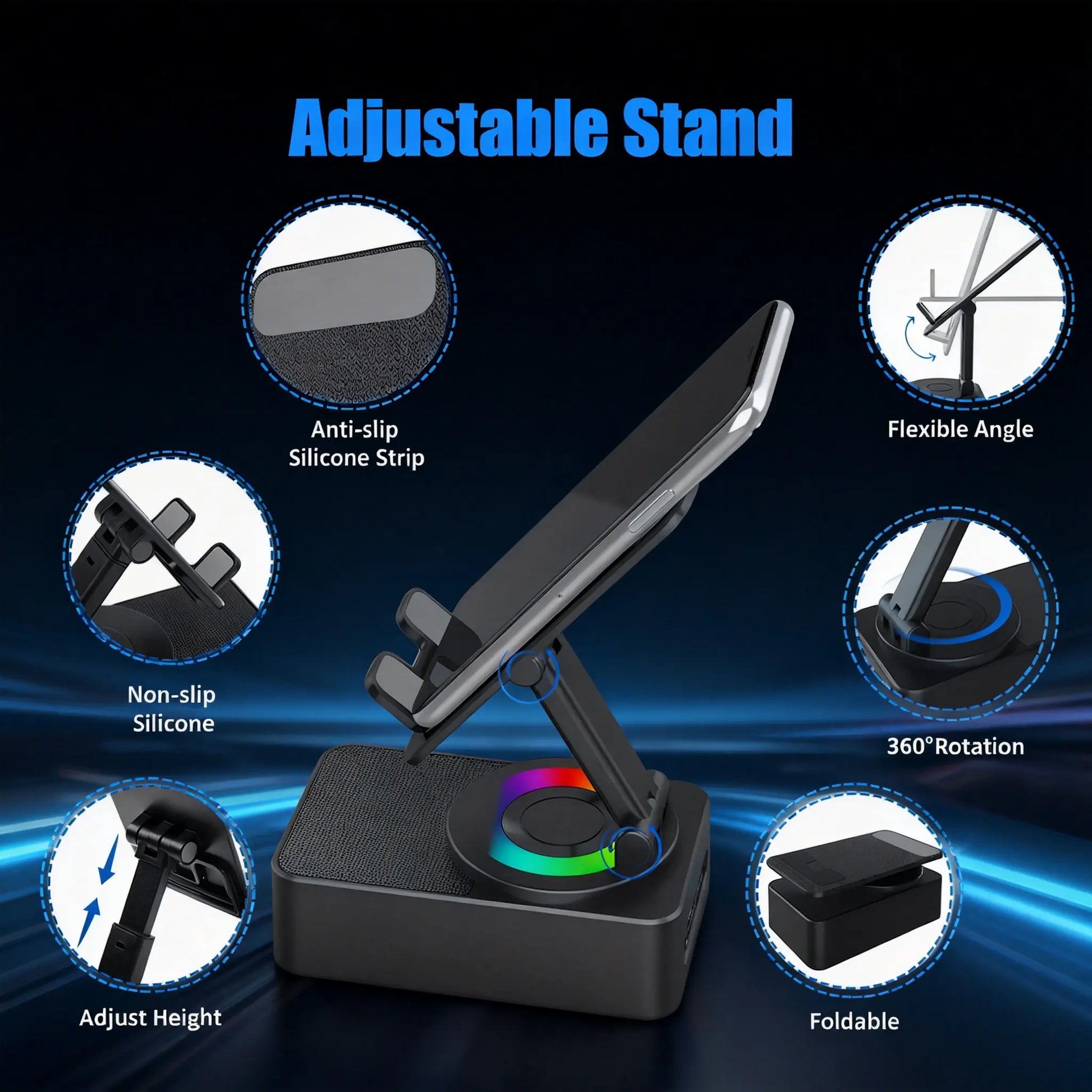 5 in 1 Multifunction Bluetooth Speaker Phone Holder with Colorful LED Light, Spinning Foldable Portable Charger for IOS Android Smartphone, Best Gift