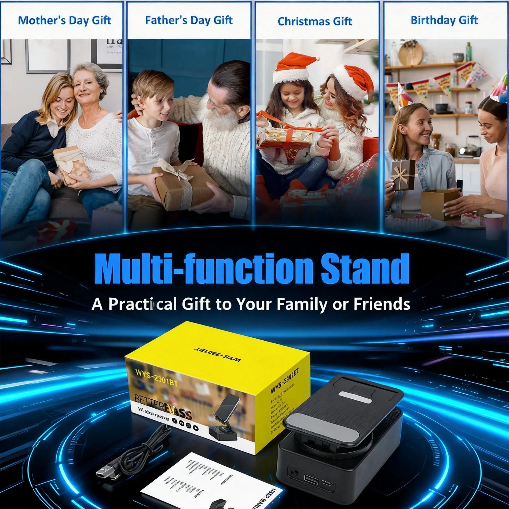 5 in 1 Multifunction Bluetooth Speaker Phone Holder with Colorful LED Light, Spinning Foldable Portable Charger for IOS Android Smartphone, Best Gift