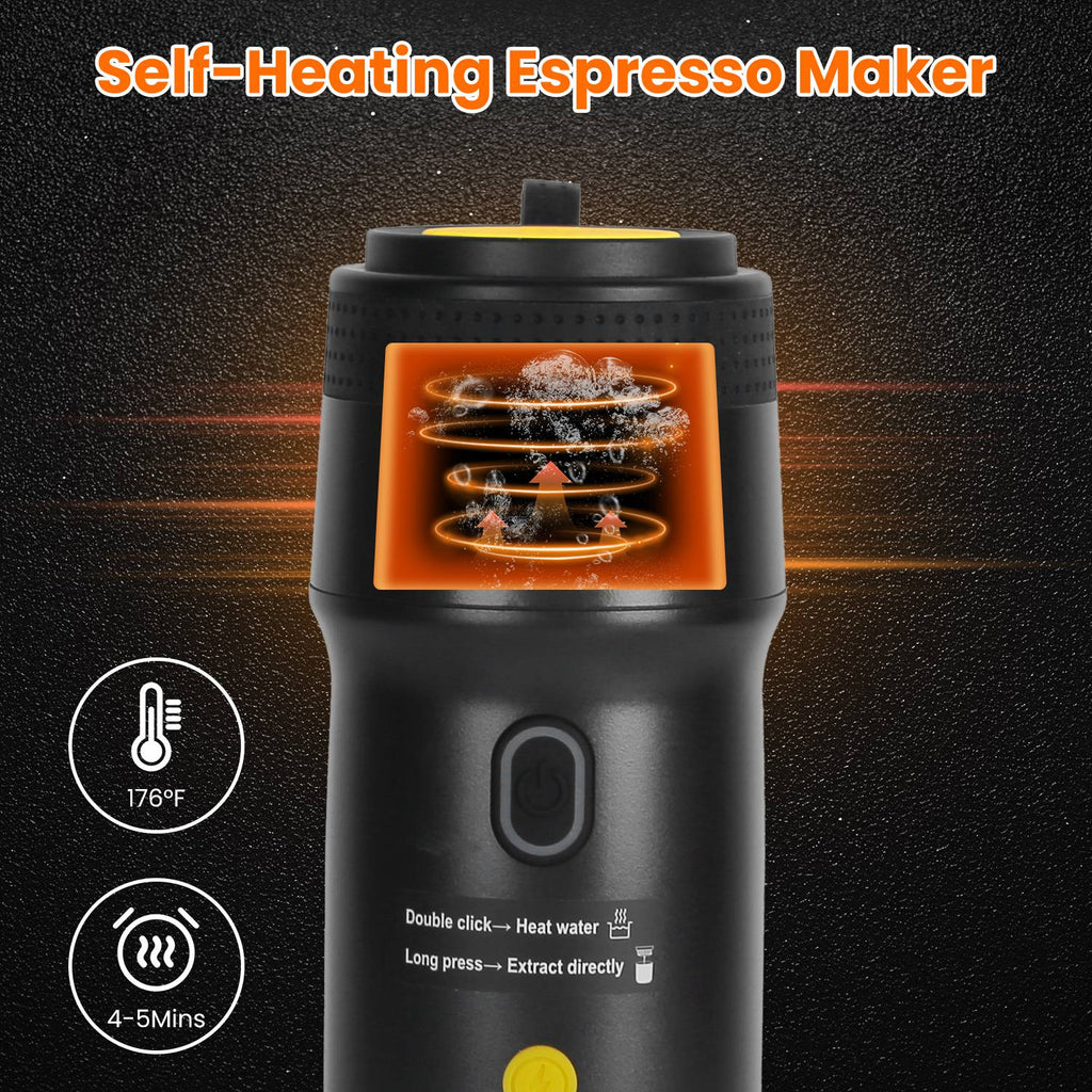 1Pc Portable Electric Espresso Machine Cordless Coffee Maker Self Heating Car Espresso Maker with anti Dry Burn Fit for Ground Coffee NS DG Capsules for Car Camping Hiking RV Home Office