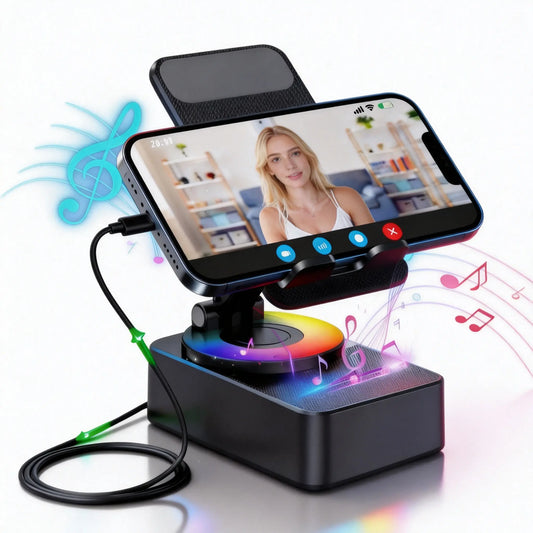 5 in 1 Multifunction Bluetooth Speaker Phone Holder with Colorful LED Light, Spinning Foldable Portable Charger for IOS Android Smartphone, Best Gift
