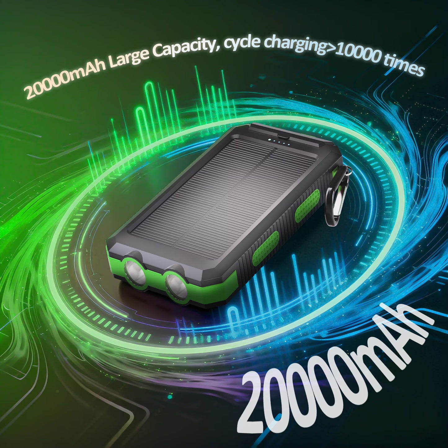 Solpowben 20000Mah Solar Power Bank Compatible for Cell Phone Iphone, Portable Charger with Dual 5V USB Ports & 2 Flashlights & Compass for Outdoor Camping Hiking (Green)