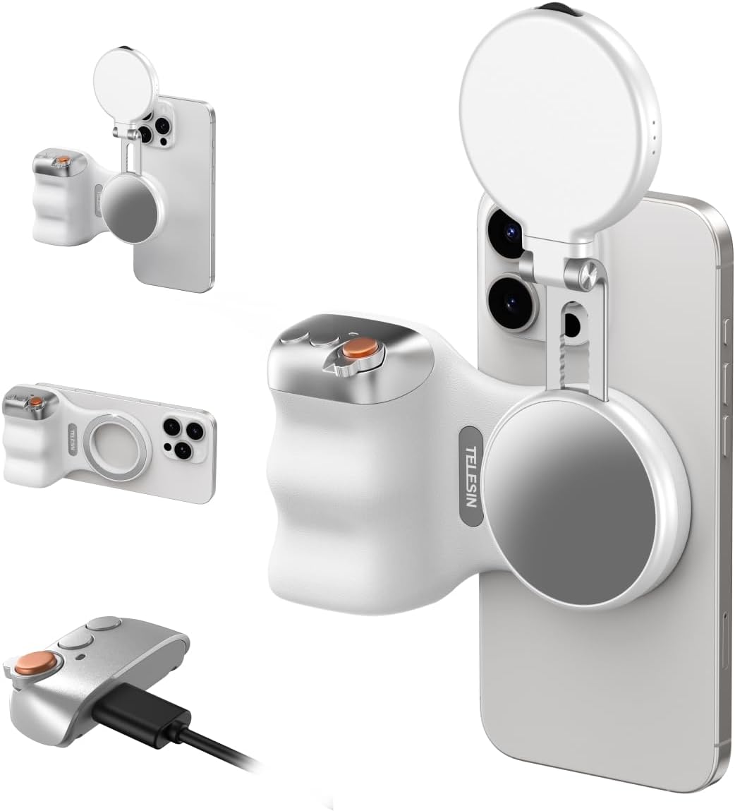 Fun Shot Magnetic Phone Camera Grip with C03 Magnetic Selfie Light (White) Creator Bundle Kit Compatible for Iphone Magsafe & Android Selfies/Photography/Tiktok/Zoom Calls/Video Conference