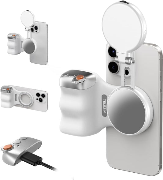 Fun Shot Magnetic Phone Camera Grip with C03 Magnetic Selfie Light (White) Creator Bundle Kit Compatible for Iphone Magsafe & Android Selfies/Photography/Tiktok/Zoom Calls/Video Conference
