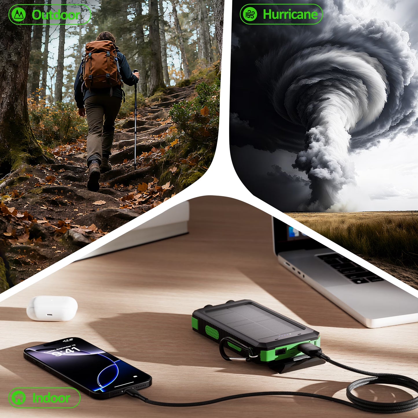 Solpowben 20000Mah Solar Power Bank Compatible for Cell Phone Iphone, Portable Charger with Dual 5V USB Ports & 2 Flashlights & Compass for Outdoor Camping Hiking (Green)