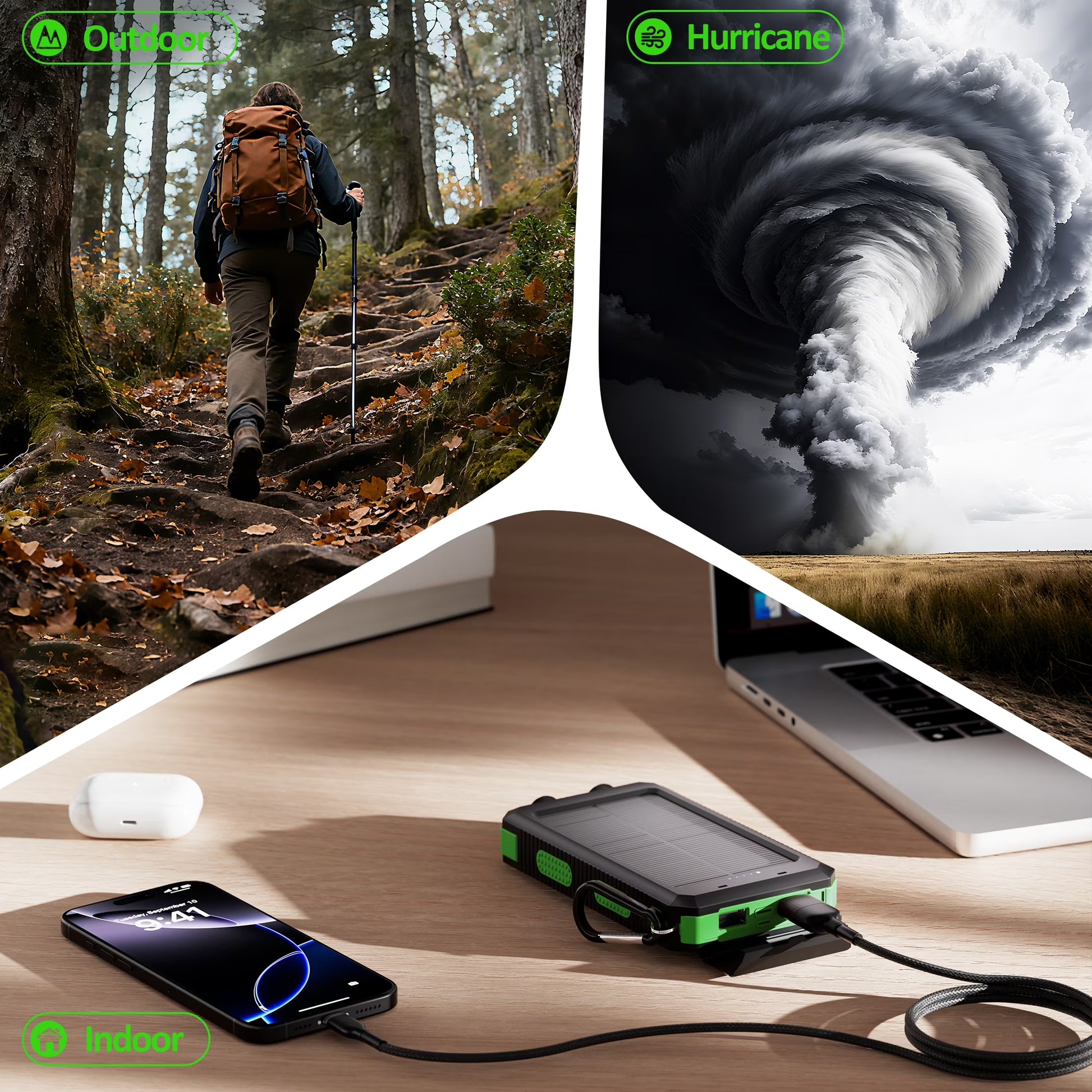 Solpowben 20000Mah Solar Power Bank Compatible for Cell Phone Iphone, Portable Charger with Dual 5V USB Ports & 2 Flashlights & Compass for Outdoor Camping Hiking (Green)