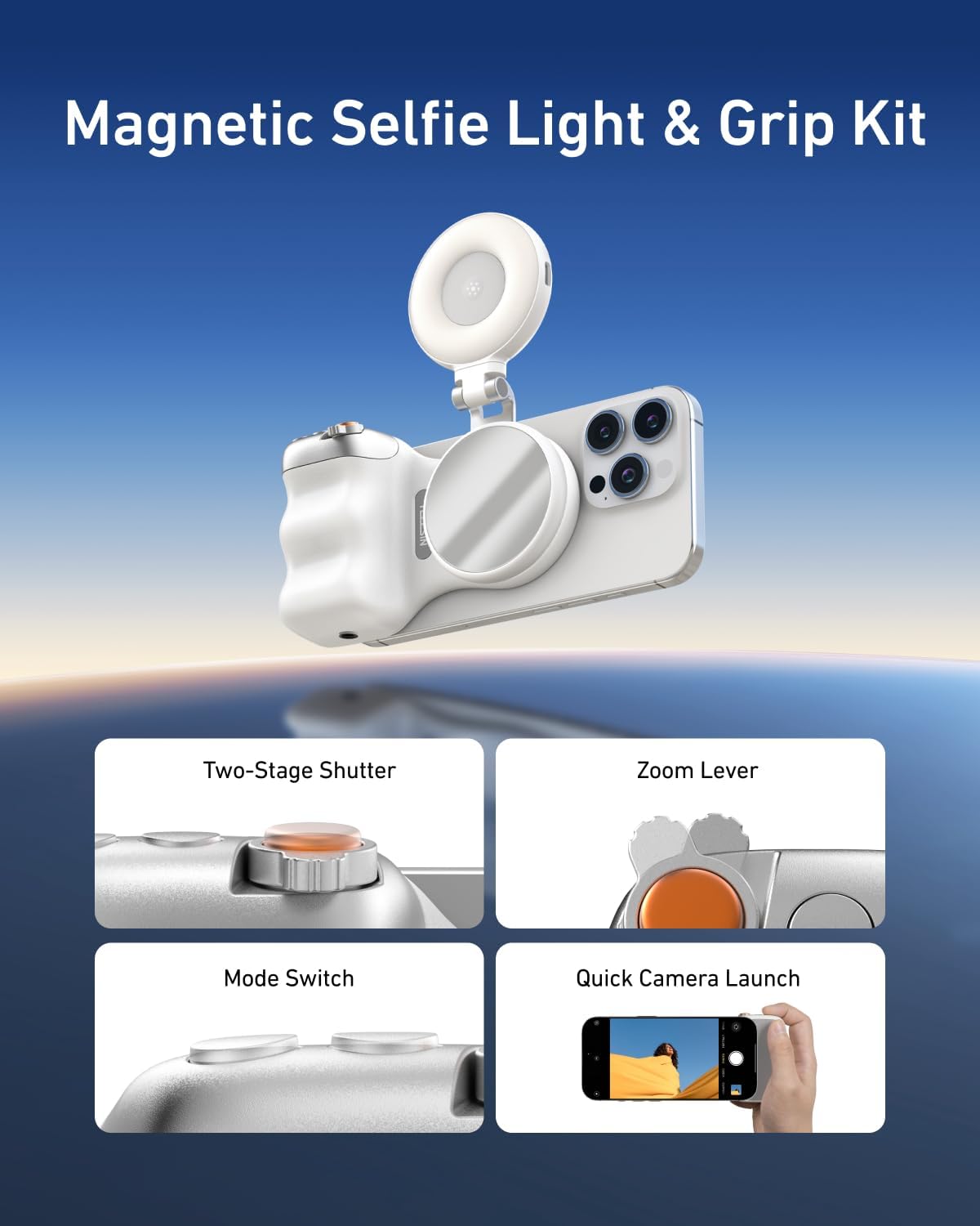 Fun Shot Magnetic Phone Camera Grip with C03 Magnetic Selfie Light (White) Creator Bundle Kit Compatible for Iphone Magsafe & Android Selfies/Photography/Tiktok/Zoom Calls/Video Conference