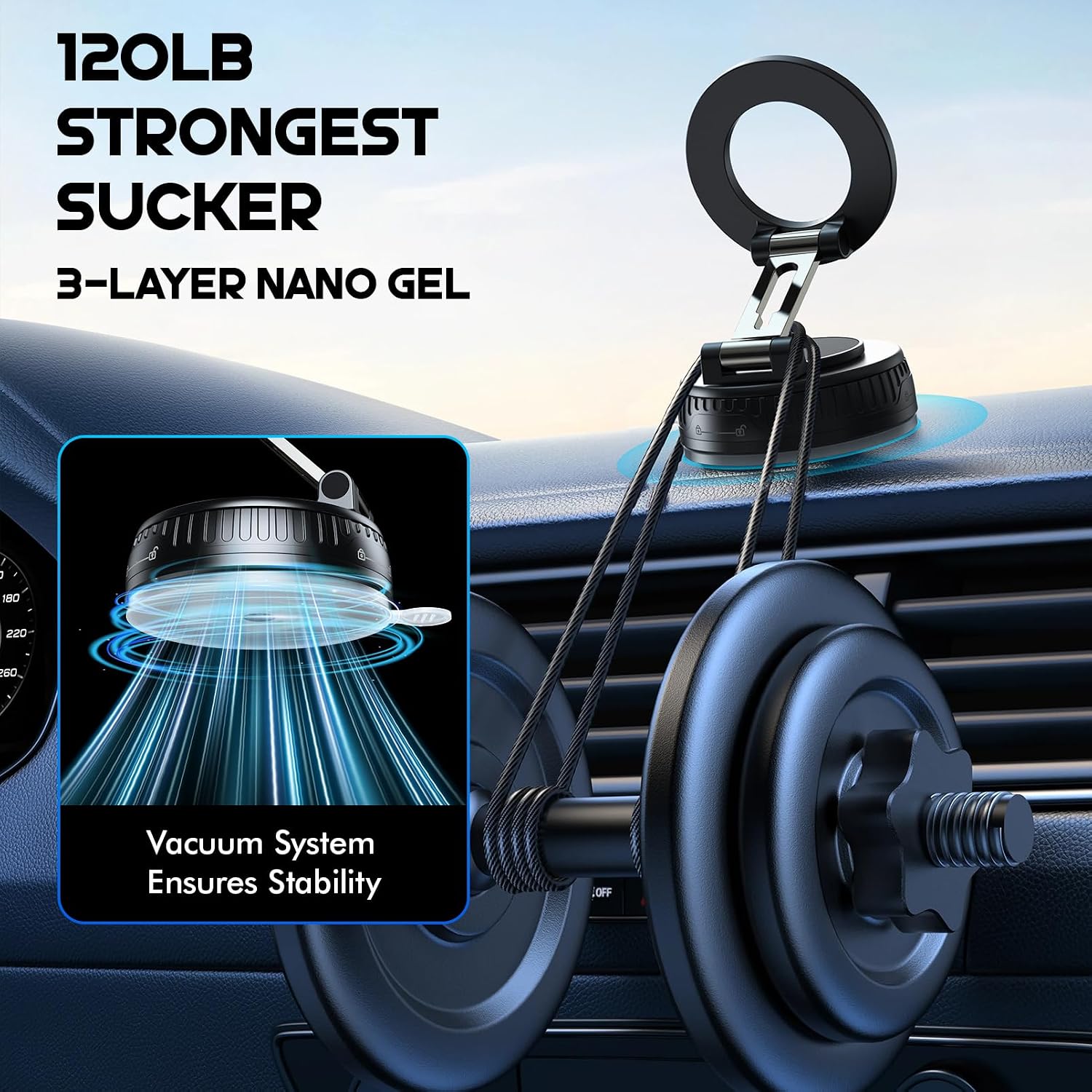 Vacuum & Magnetic Car Phone Holder for Magsafe 【Upgraded 120+ LBS】 360° Adjustable Cell Phone Holders for Your Car, Car Phone Mount Accessories for Iphone 17 Pro Max 16 15 14 13 12 Air Plus