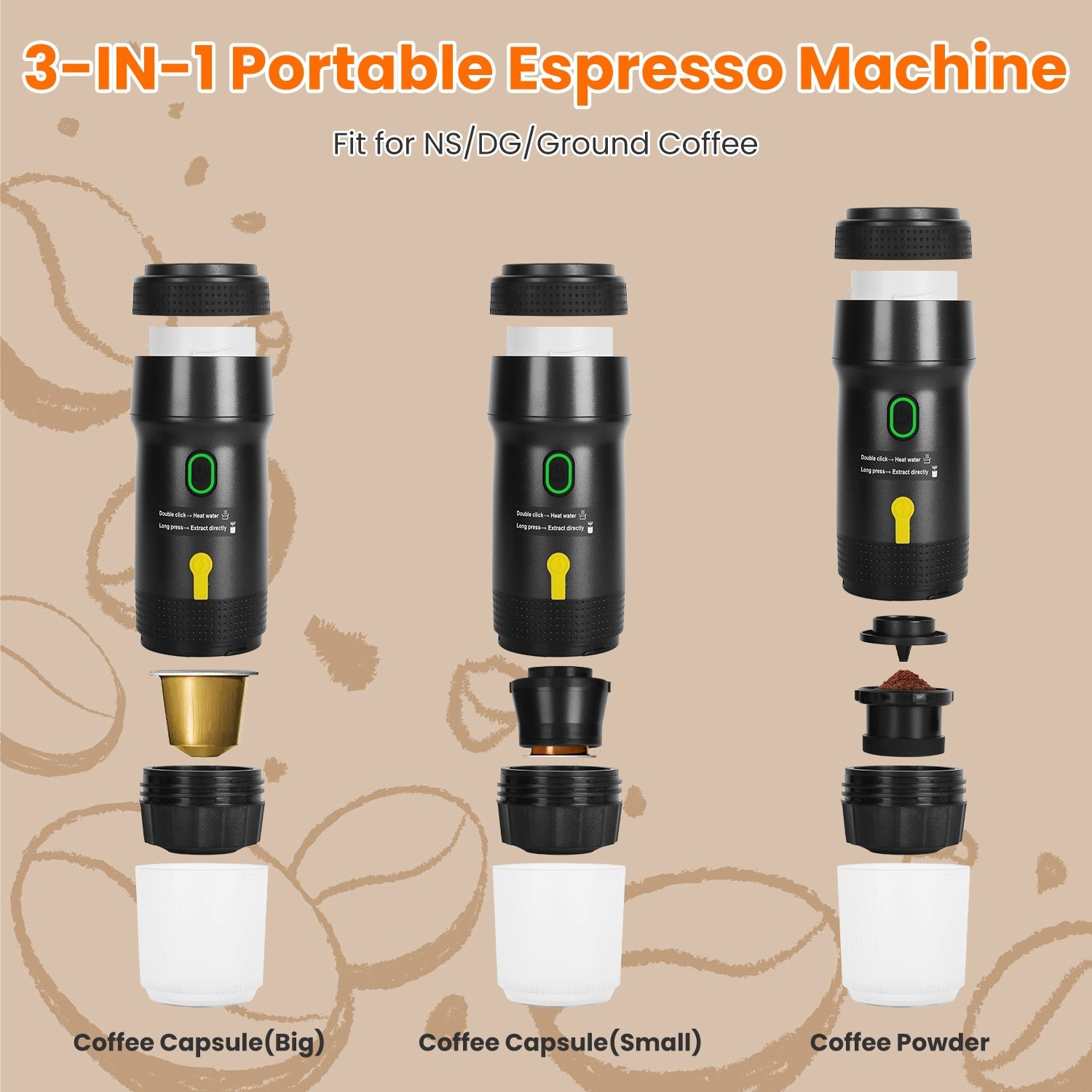 1Pc Portable Electric Espresso Machine Cordless Coffee Maker Self Heating Car Espresso Maker with anti Dry Burn Fit for Ground Coffee NS DG Capsules for Car Camping Hiking RV Home Office