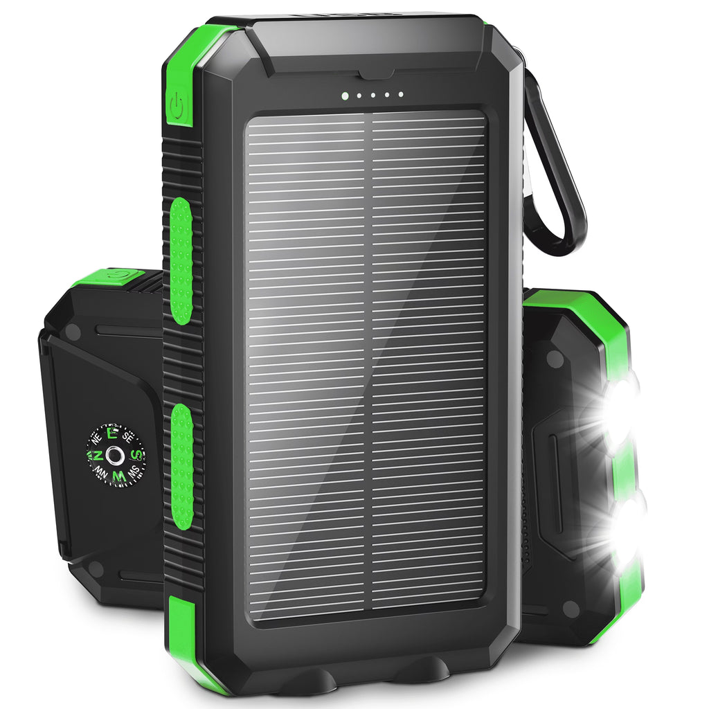 Solpowben 20000Mah Solar Power Bank Compatible for Cell Phone Iphone, Portable Charger with Dual 5V USB Ports & 2 Flashlights & Compass for Outdoor Camping Hiking (Green)
