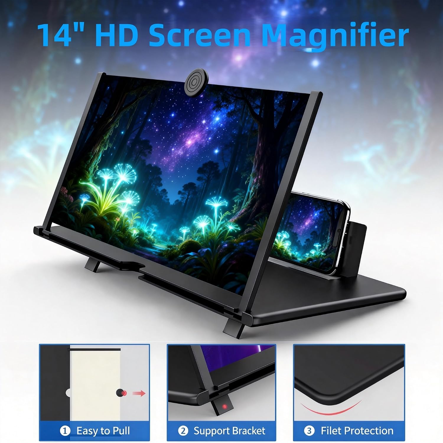 16-Inch Black Phone Screen Magnifier, Foldable Optical Enlarger for Movies & Gaming