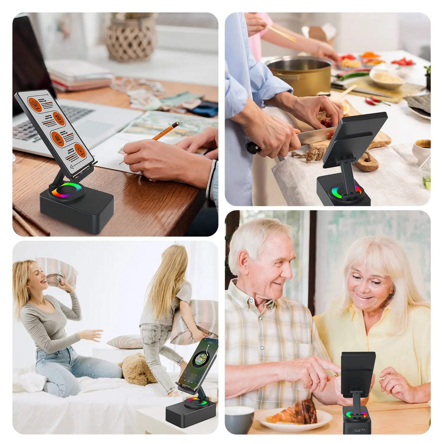 5 in 1 Multifunction Bluetooth Speaker Phone Holder with Colorful LED Light, Spinning Foldable Portable Charger for IOS Android Smartphone, Best Gift