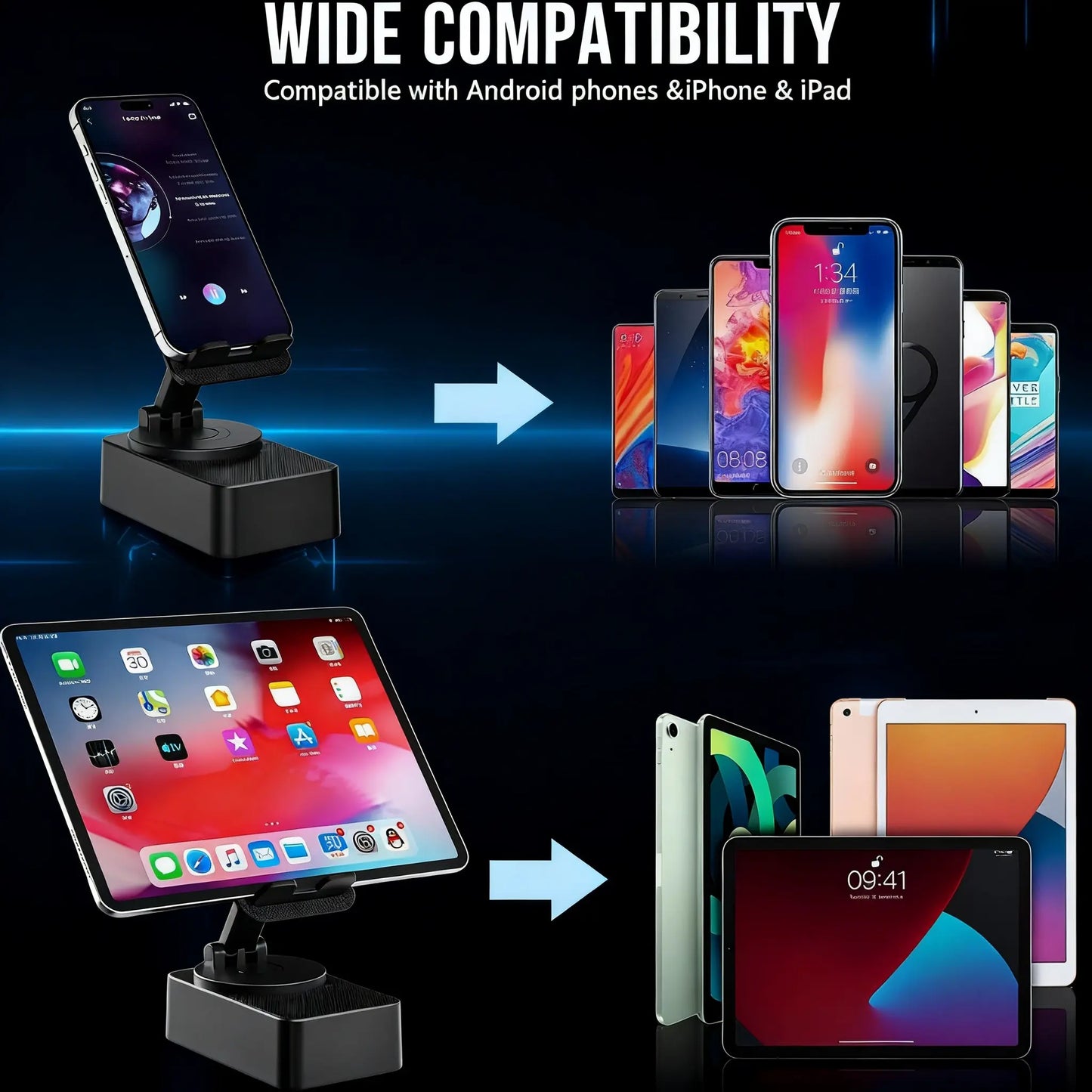 5 in 1 Multifunction Bluetooth Speaker Phone Holder with Colorful LED Light, Spinning Foldable Portable Charger for IOS Android Smartphone, Best Gift