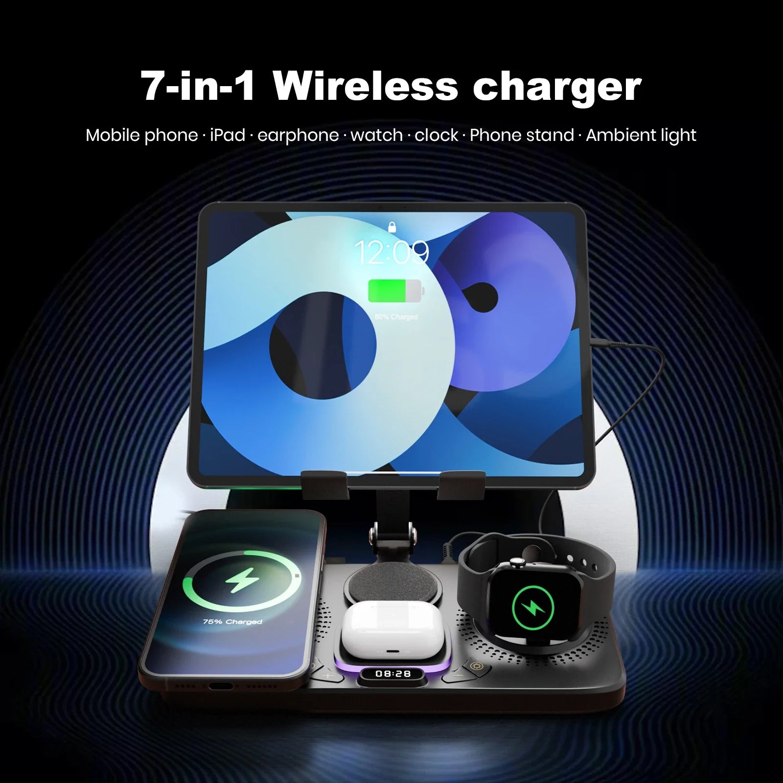 7 in 1 Wireless Charger Station Multiple Devices for Iphone Ipad Airpods and Apple Watch-Iphone Fast Charge Night Lamp Clock