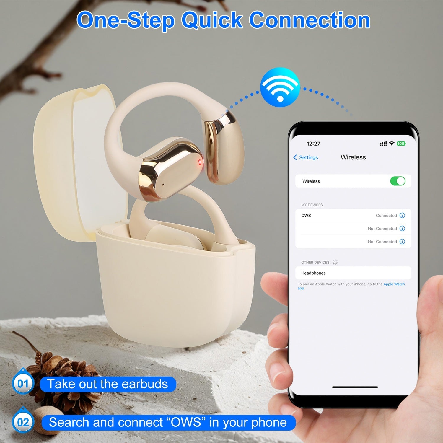 1 Set Wireless V5.4 Open Ear Earbuds with Earhook LED Display Charging Case IPX5 Waterproof 300Hrs Standby Time Touch Control Stereo Sport Headphones for Workout Running
