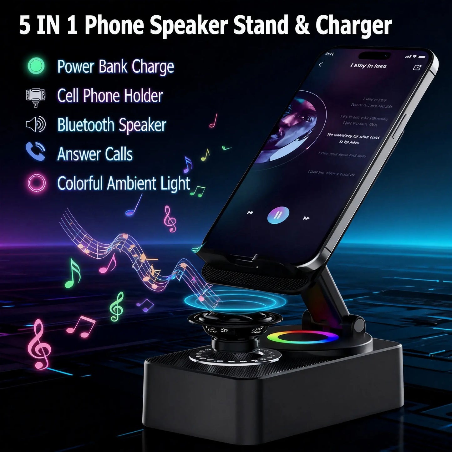 5 in 1 Multifunction Bluetooth Speaker Phone Holder with Colorful LED Light, Spinning Foldable Portable Charger for IOS Android Smartphone, Best Gift