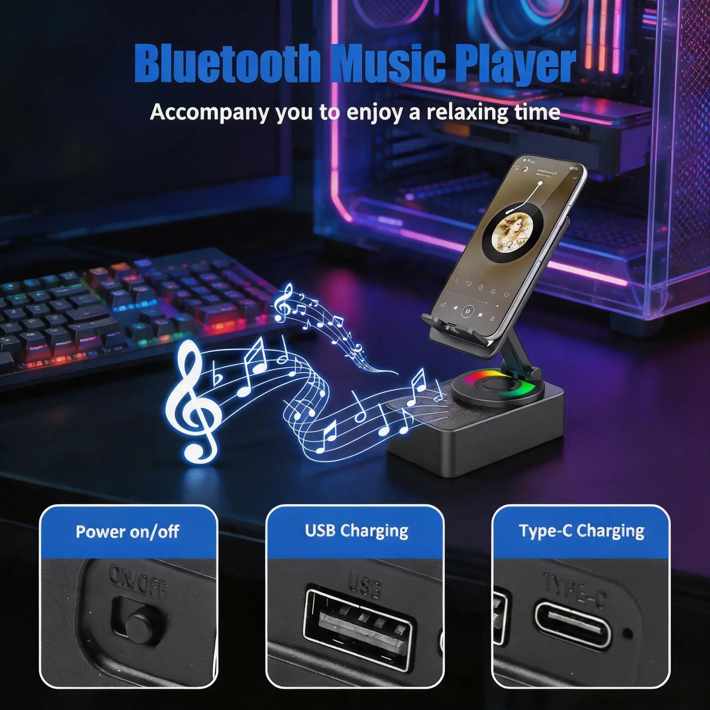 5 in 1 Multifunction Bluetooth Speaker Phone Holder with Colorful LED Light, Spinning Foldable Portable Charger for IOS Android Smartphone, Best Gift