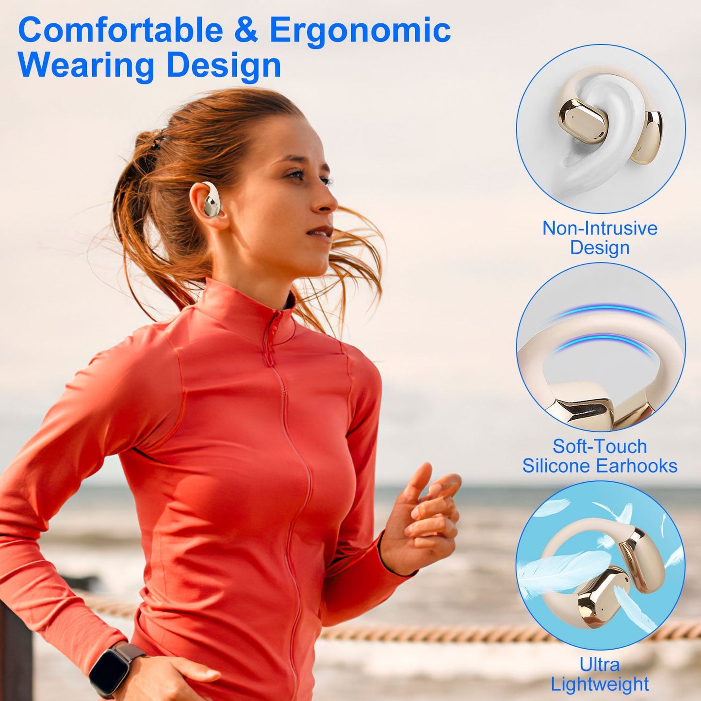 1 Set Wireless V5.4 Open Ear Earbuds with Earhook LED Display Charging Case IPX5 Waterproof 300Hrs Standby Time Touch Control Stereo Sport Headphones for Workout Running