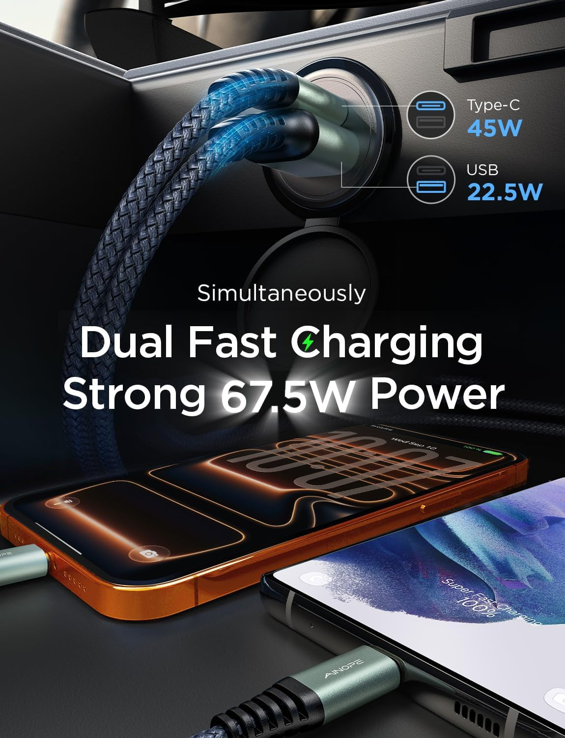 67.5W Car Charger USB C Fast Charge, PD 45W USB C Car Charger Fast Charging【Mini & Metal】 Cigarette Lighter Adapter USB-C Type C Car Charger for Iphone 17 16 15 Pro Max, for Samsung S26 S25