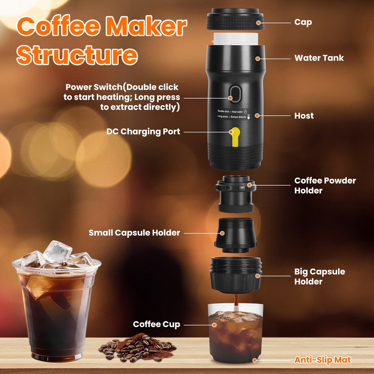 1Pc Portable Electric Espresso Machine Cordless Coffee Maker Self Heating Car Espresso Maker with anti Dry Burn Fit for Ground Coffee NS DG Capsules for Car Camping Hiking RV Home Office