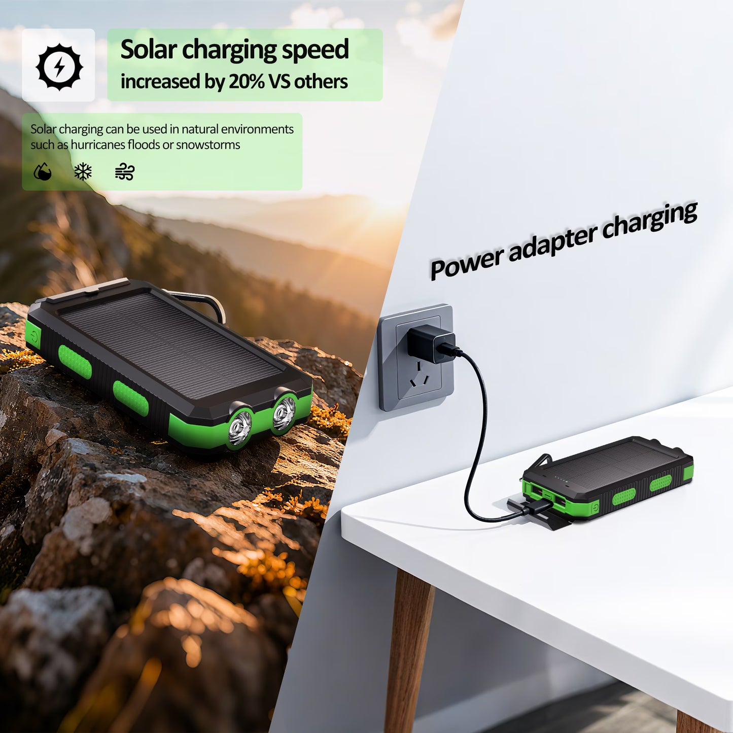 Solpowben 20000Mah Solar Power Bank Compatible for Cell Phone Iphone, Portable Charger with Dual 5V USB Ports & 2 Flashlights & Compass for Outdoor Camping Hiking (Green)